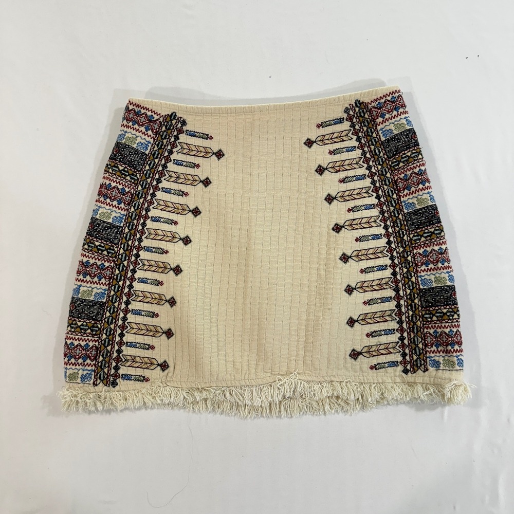 Zara Trafaluc Mini Skirt Small Cream Cotton Embroidered Fringe Tribal Boho Skirt